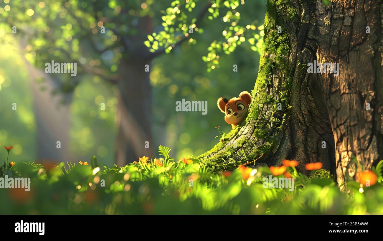 A delightful 3D cartoon character, a forest creature, peeks out from ...