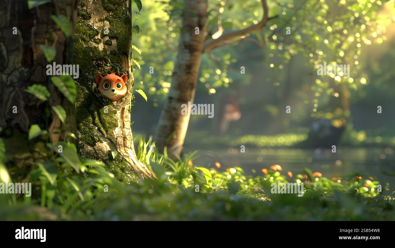 A delightful 3D cartoon character of a whimsical forest creature peeks ...