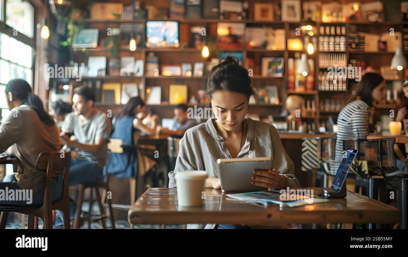 A modern coffee shop scene showcasing the shift towards digital ...