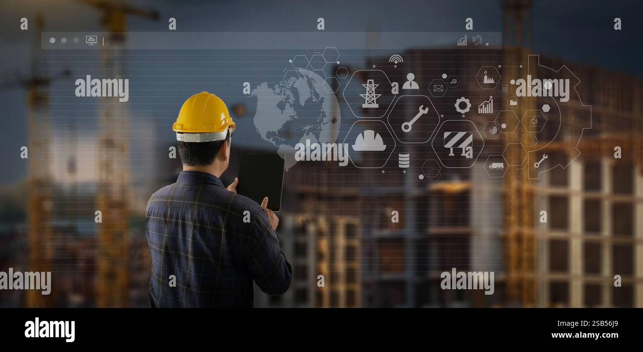 smart construction project A construction worker is using a tablet to ...