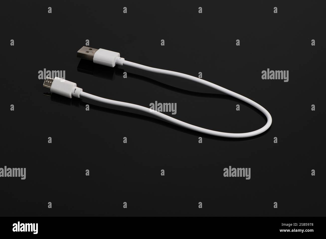 USB cable on a black background. USB and micro USB cable, on black background in insulation. Stock Photo