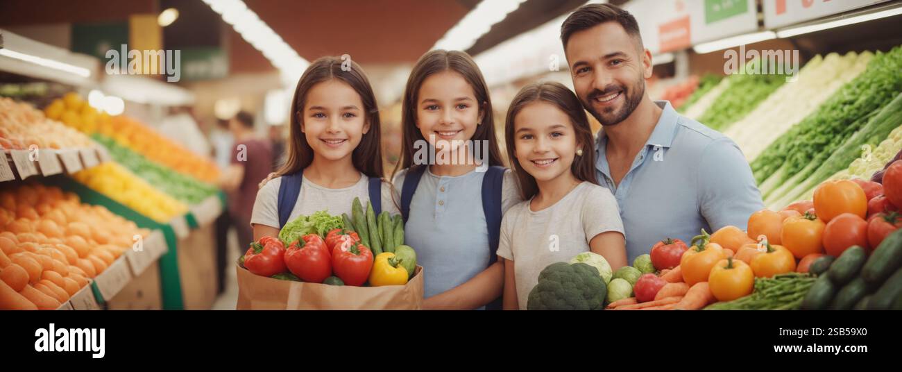 Family buying vegetables and fruits in the supermarket. Healthy eating ...