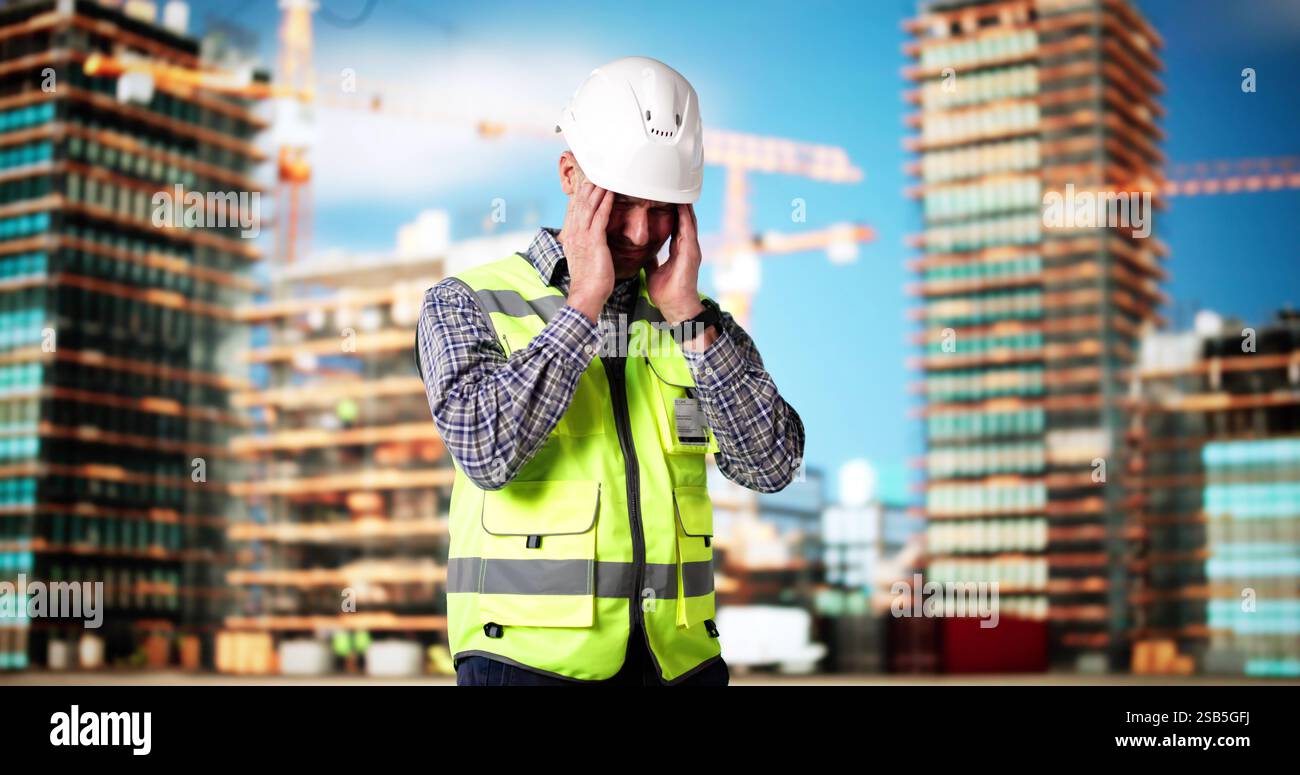Upset Sad Construction Worker. Unhappy Foreman Contractor Stock Photo