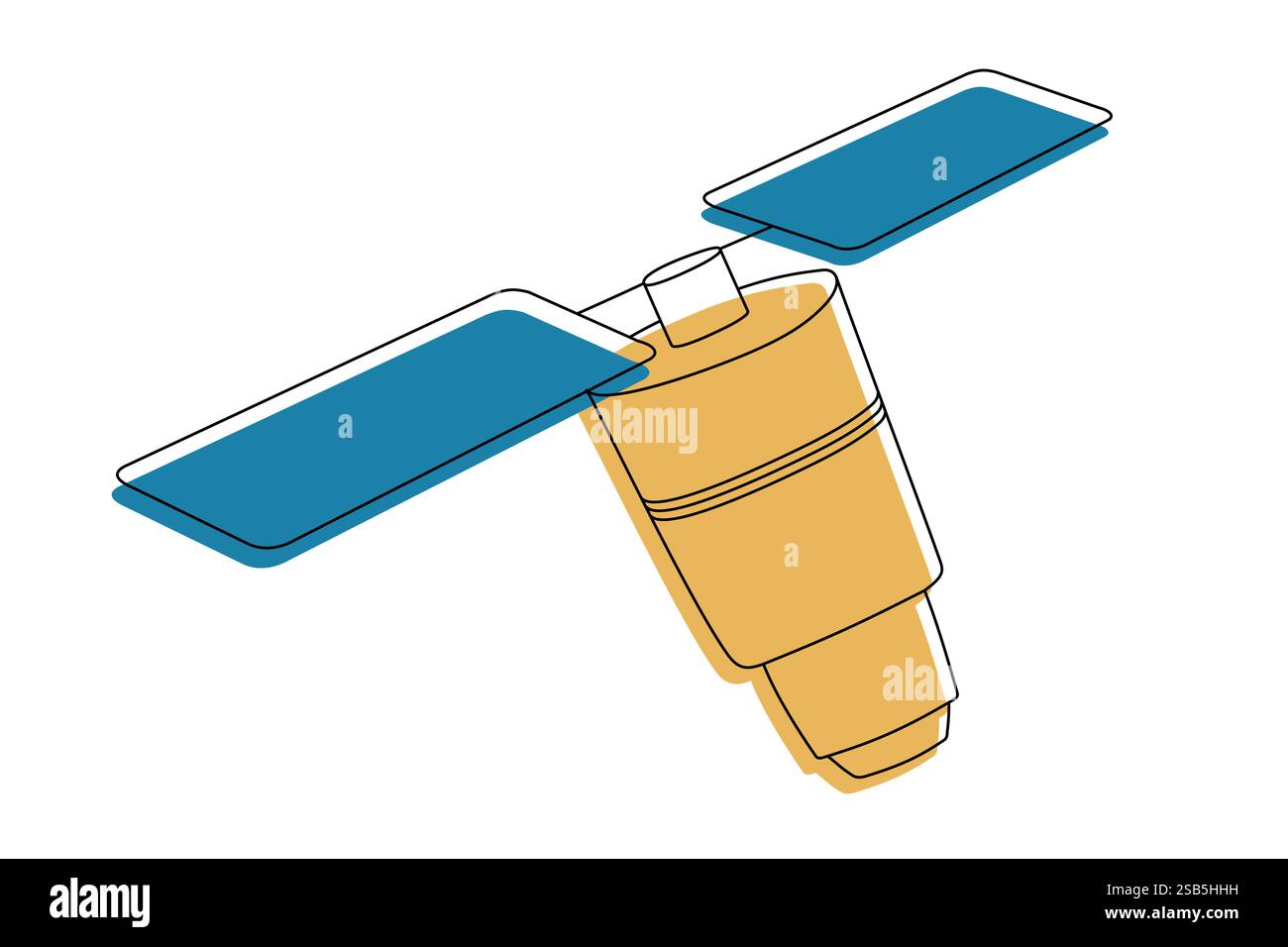 Artificial satelite in orbit around earth. Flat style. On white background. Thin line. Vector illustration Stock Vector