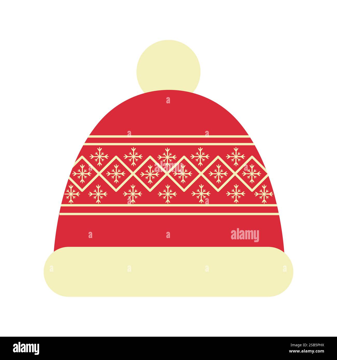 Cartoon Winter Hat Icon with Pompom and Snowflake Pattern Stock Vector