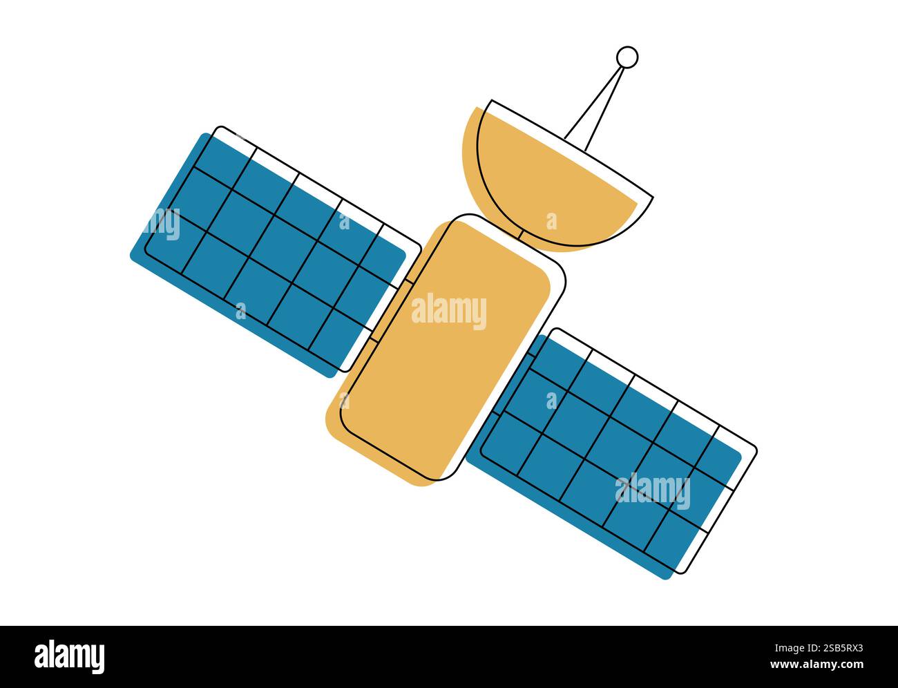Artificial satelite in orbit around earth. Flat style. On white background. Thin line. Vector illustration Stock Vector