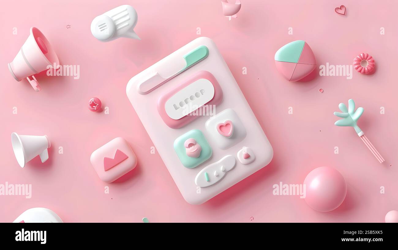 An array of delightful 3D web icons in soft pastel colors are scattered ...