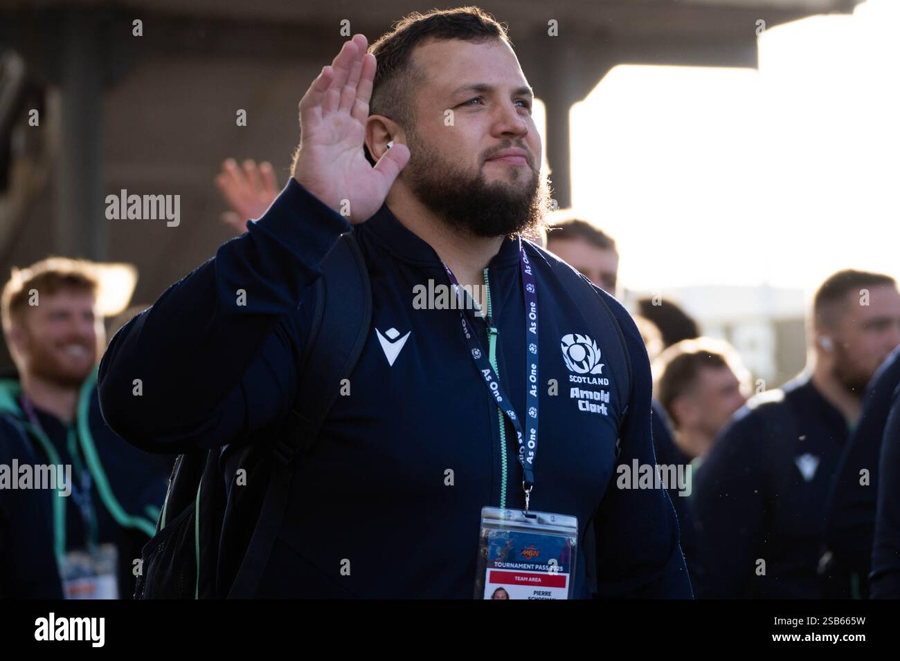 Scotland Prop 1. Pierre Schoeman waves at fans on arrival before the