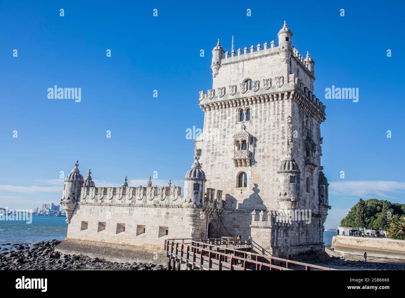 the exterior view of Belém Tower, a 16th-century fortress in Lisbon ...