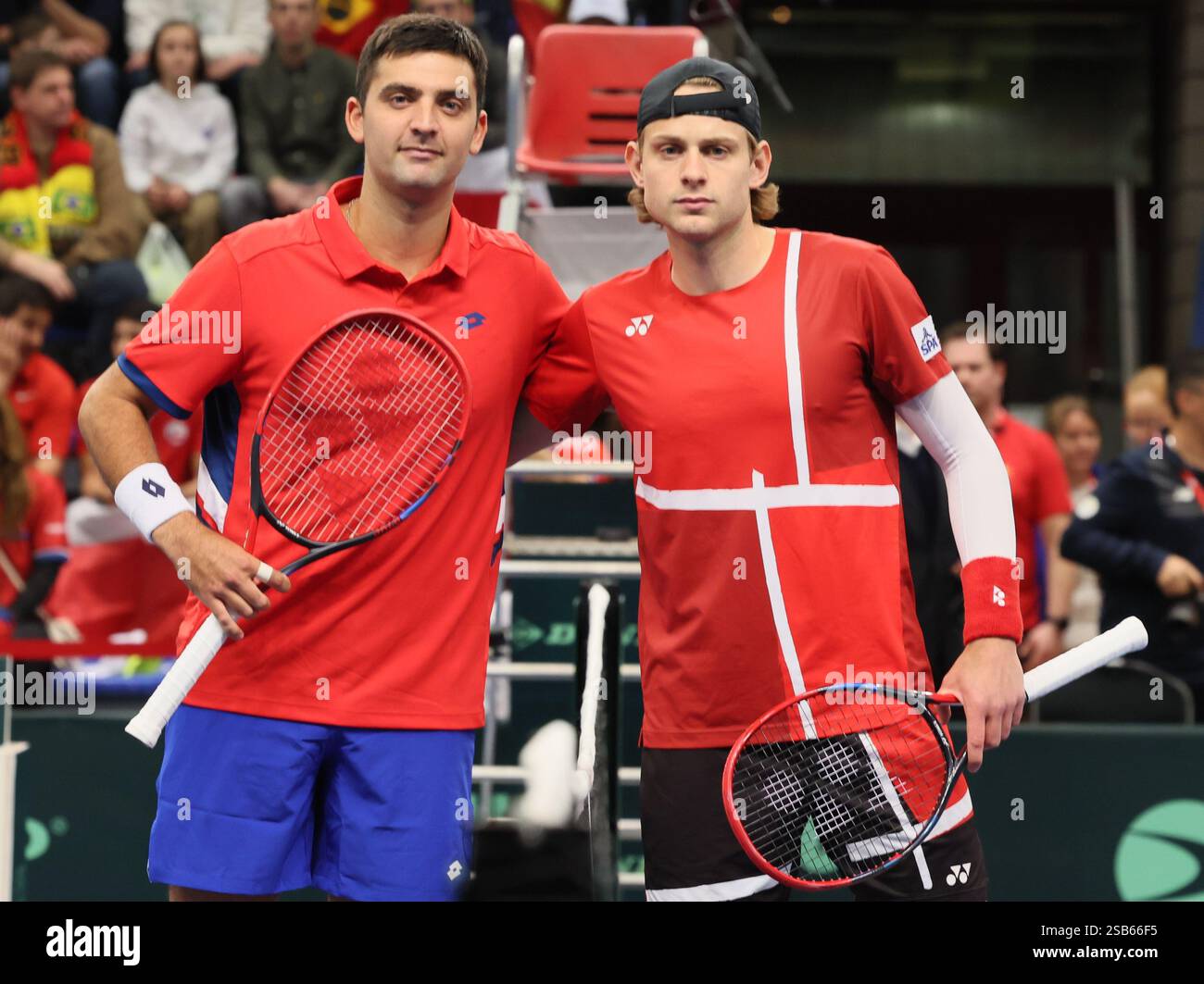 Hasselt, Belgium. 01st Feb, 2025. Chilean Tomas Barrios Vera and Belgian Zizou Bergs pose ahead of a game between Belgian Bergs and Chilean Barrios Vera, the first match in the Davis Cup qualifiers World Group tennis meeting between Belgium and Chile, Saturday 01 February 2025, in Hasselt. BELGA PHOTO BENOIT DOPPAGNE Credit: Belga News Agency/Alamy Live News Stock Photo