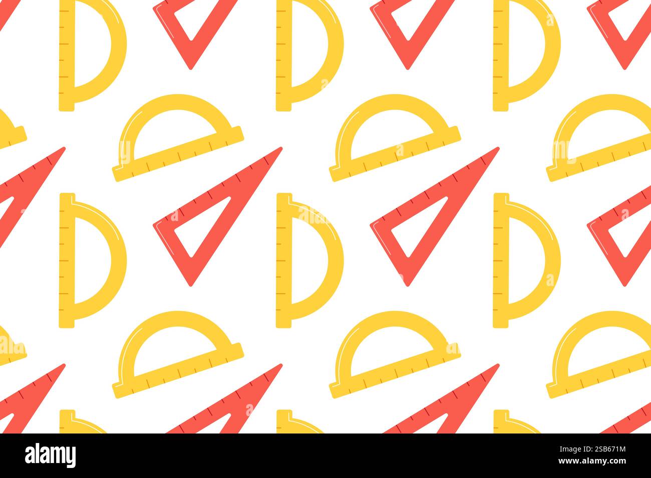 Graphic vector seamless pattern with school kit accessories: triangles, angle protractors and rulers. Endless texture. Vector illustration Stock Vector