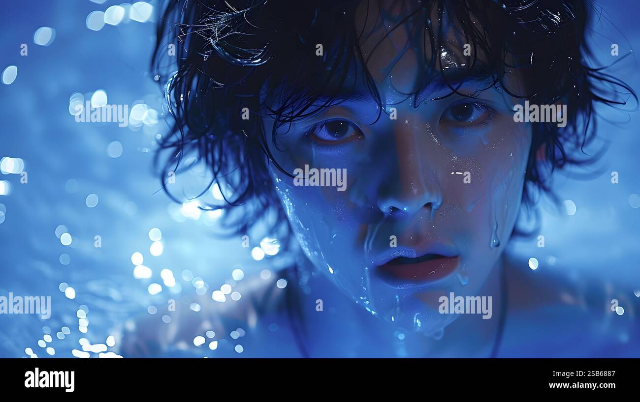 A captivating digital depicting a thoughtful,pensive Asian male figure ...