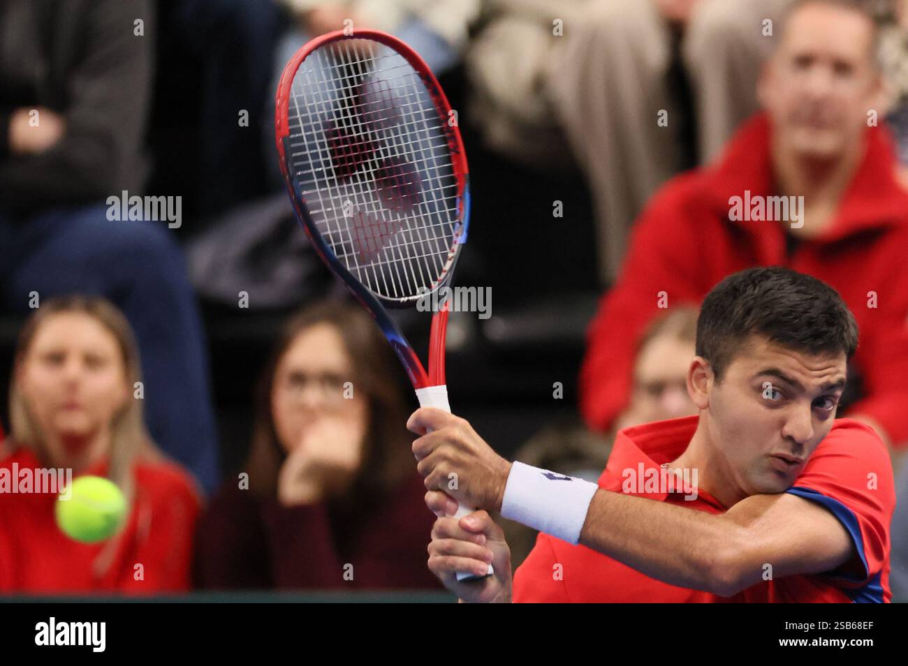 Hasselt, Belgium. 01st Feb, 2025. Chilean Tomas Barrios Vera pictured in action during a game between Belgian Bergs and Chilean Barrios Vera, the first match in the Davis Cup qualifiers World Group tennis meeting between Belgium and Chile, Saturday 01 February 2025, in Hasselt. BELGA PHOTO BENOIT DOPPAGNE Credit: Belga News Agency/Alamy Live News Stock Photo