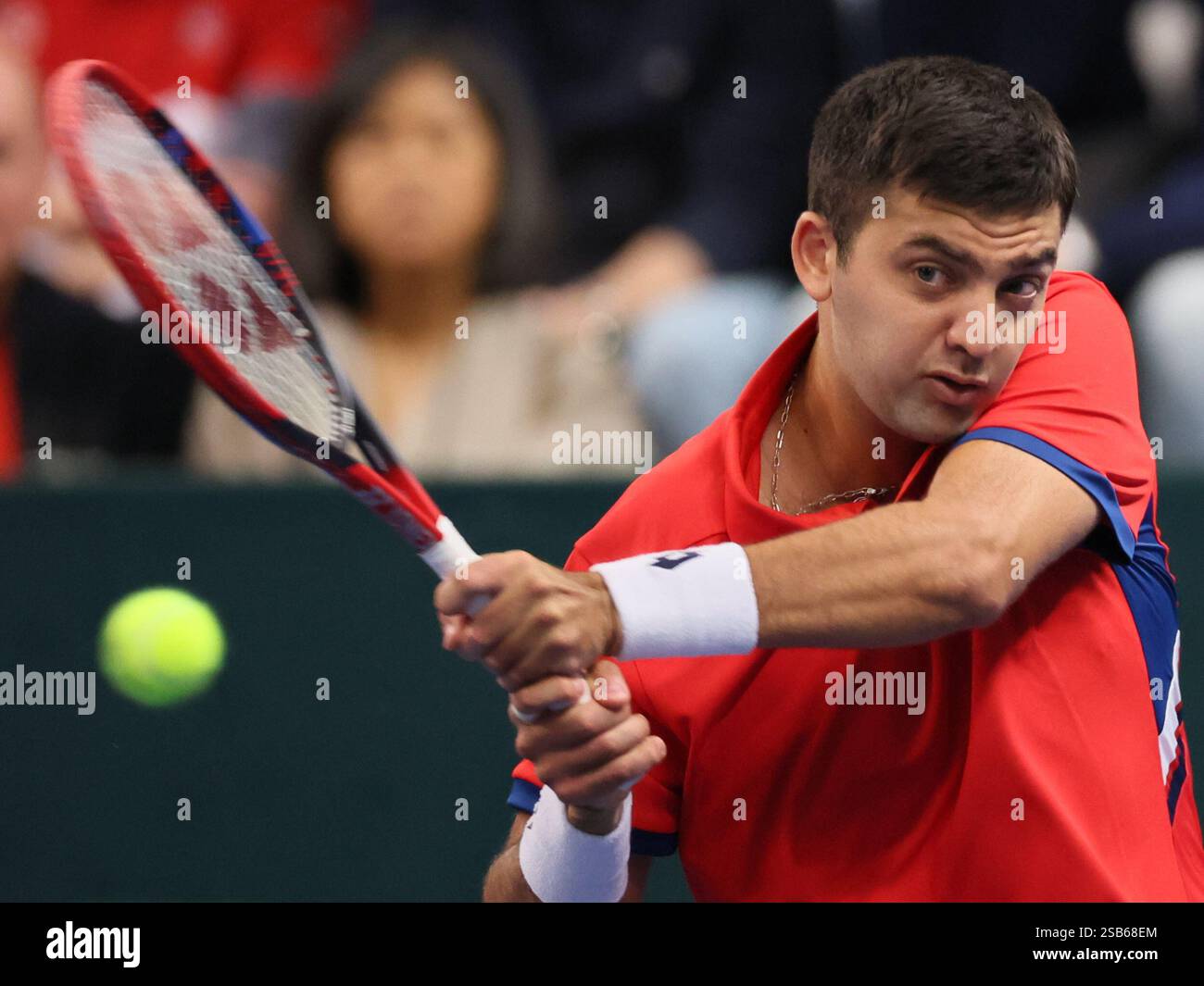 Hasselt, Belgium. 01st Feb, 2025. Chilean Tomas Barrios Vera pictured in action during a game between Belgian Bergs and Chilean Barrios Vera, the first match in the Davis Cup qualifiers World Group tennis meeting between Belgium and Chile, Saturday 01 February 2025, in Hasselt. BELGA PHOTO BENOIT DOPPAGNE Credit: Belga News Agency/Alamy Live News Stock Photo