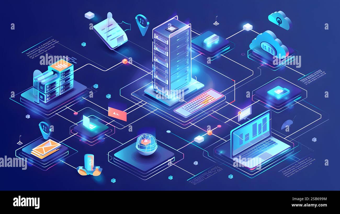 This isometric digital workspace focuses on web hosting tasks ...
