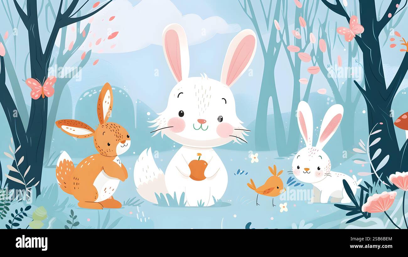 This charming depicts a serene forest scene with a variety of friendly ...