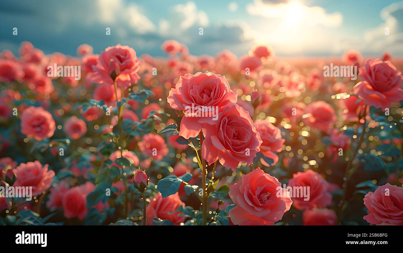 A breathtaking field of blooming red roses bathed in warm,golden ...
