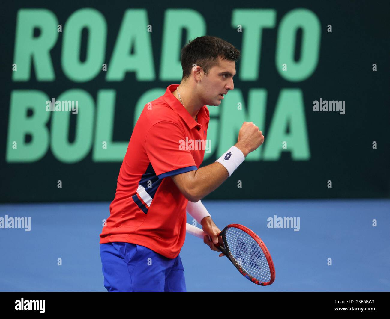 Hasselt, Belgium. 01st Feb, 2025. Chilean Tomas Barrios Vera pictured during a game between Belgian Bergs and Chilean Barrios Vera, the first match in the Davis Cup qualifiers World Group tennis meeting between Belgium and Chile, Saturday 01 February 2025, in Hasselt. BELGA PHOTO BENOIT DOPPAGNE Credit: Belga News Agency/Alamy Live News Stock Photo