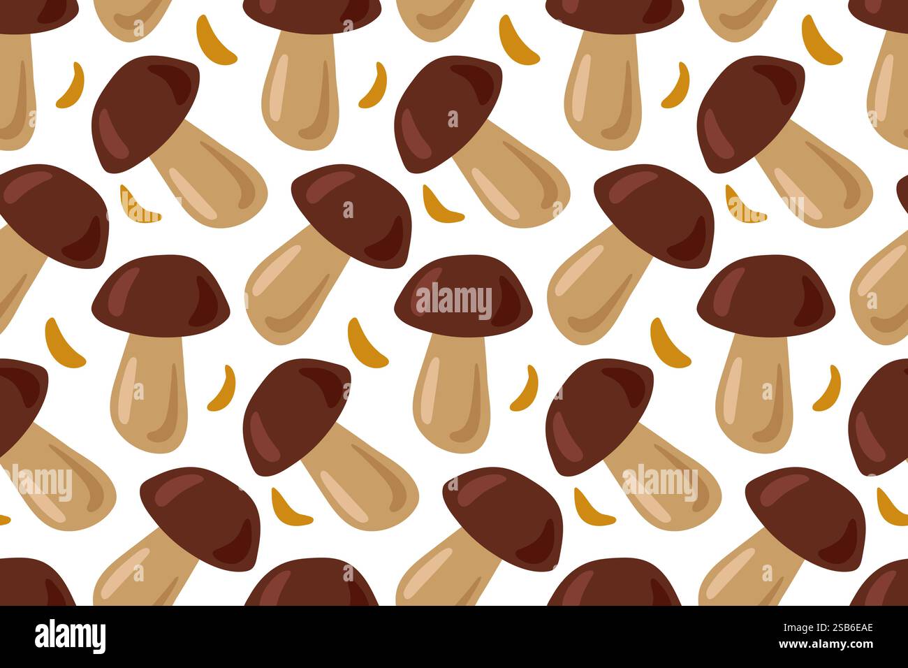 A seamless pattern featuring brown cap mushrooms with white background. Stock Vector