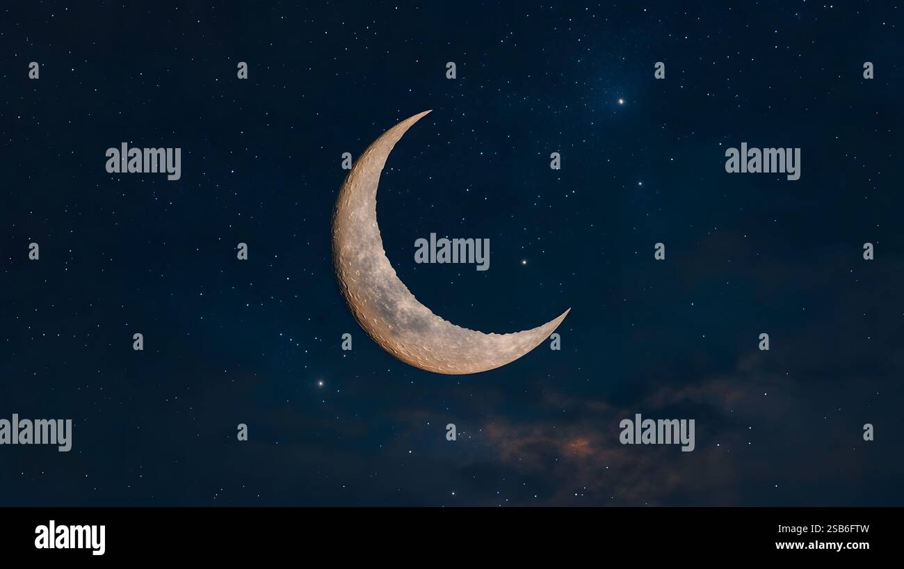 Crescent moon and twinkling stars illuminating a serene,peaceful night ...