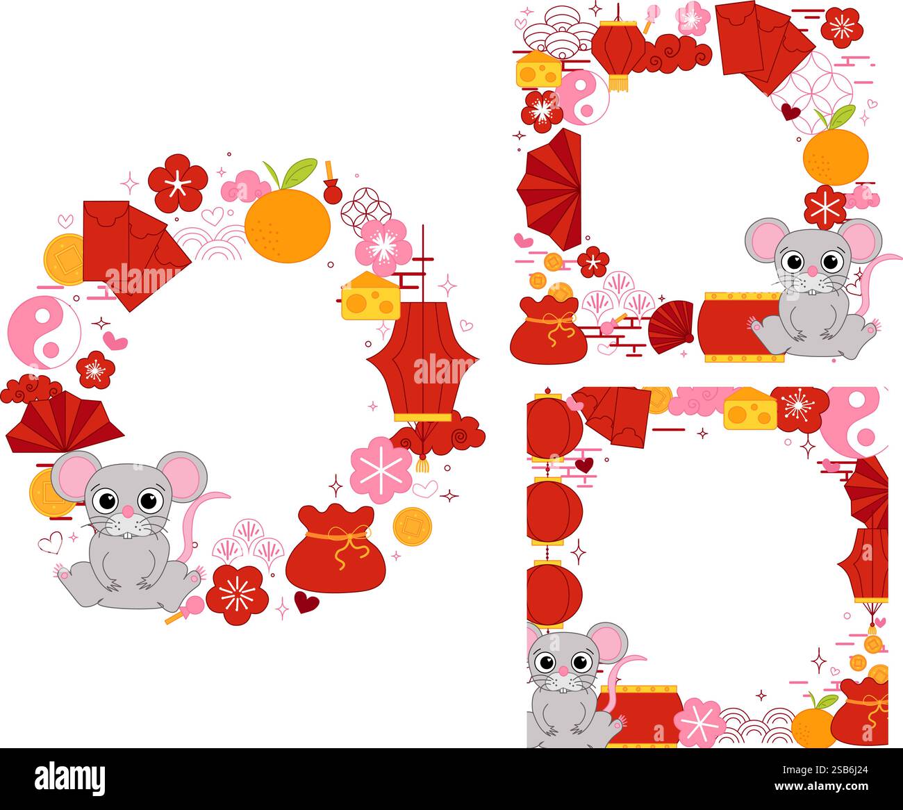Chinese New year of rat mouse 2032 vector graphic line round circle frame set. style banner frame scroll board decoration on transparent background CN Stock Vector