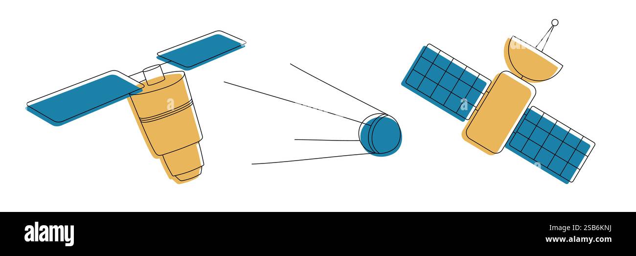 Artificial satelite in orbit around earth. Flat style. On white background. Thin line. Vector illustration Stock Vector