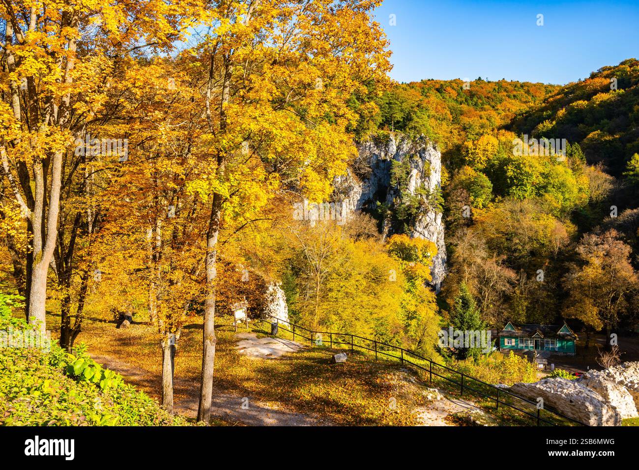 Fall In Poland Viewpoint terrace in castle park with autumn fall colors of trees in ...