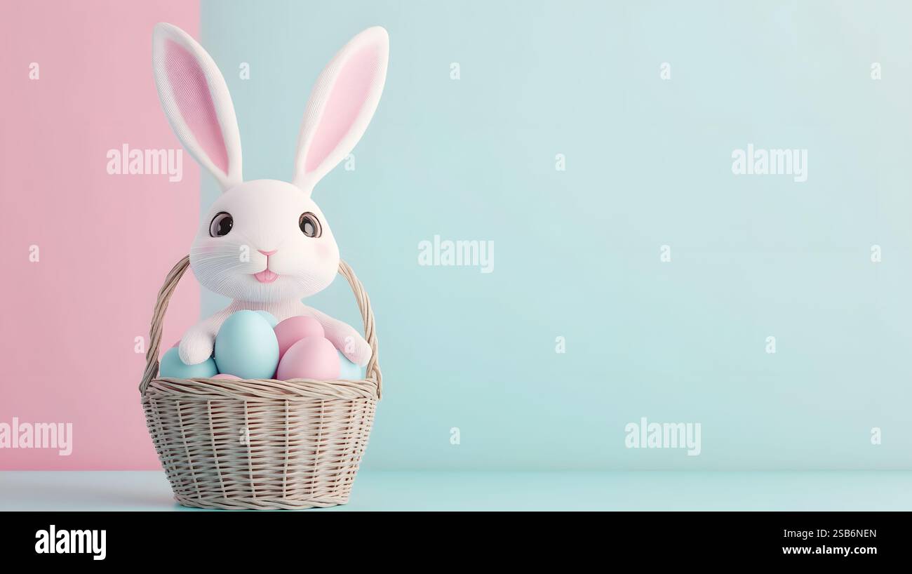 Adorable White Bunny Holding a Wicker Basket Full of Easter Eggs in ...