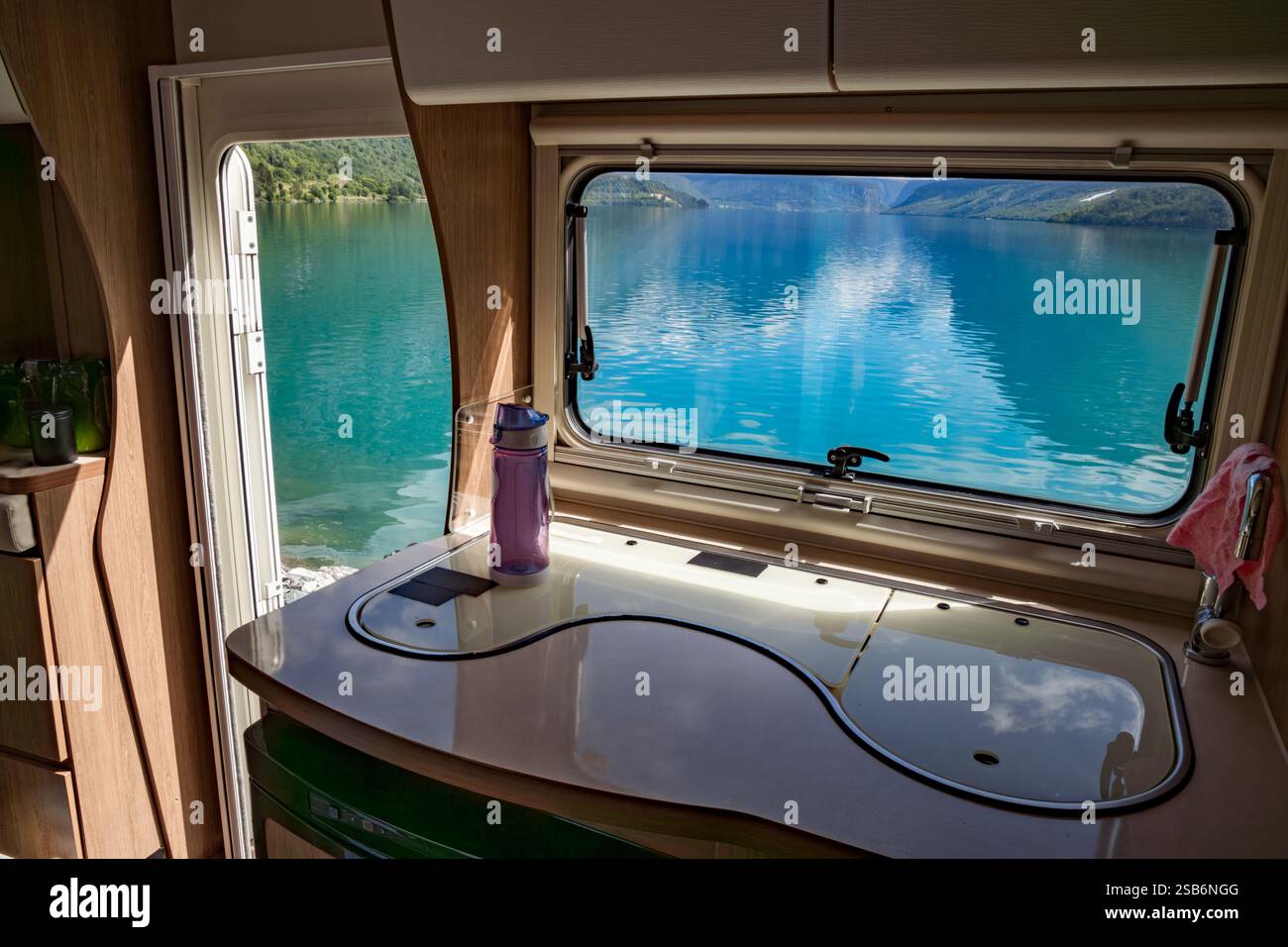 View from the window of the motorhome RV Caravan on the beautiful ...