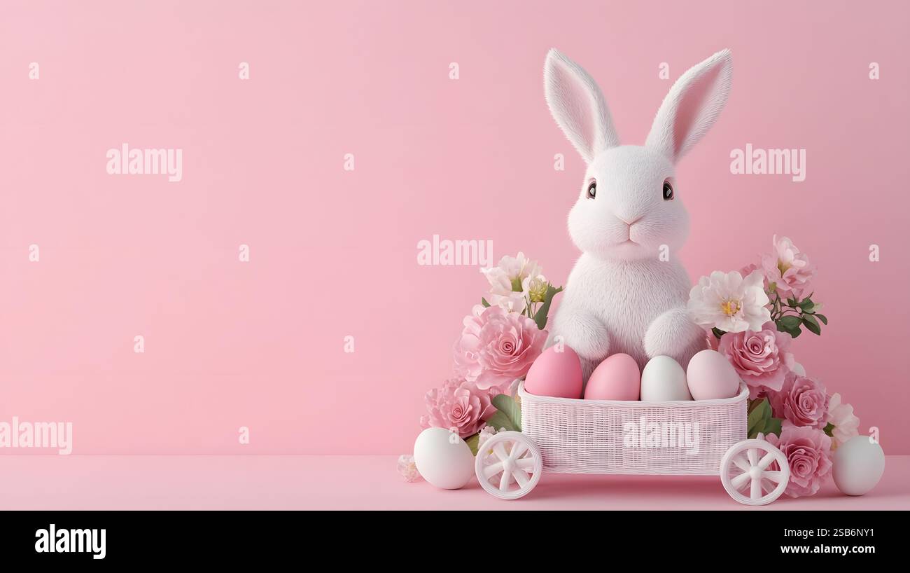 Adorable white bunny rabbit sitting in a decorated cart filled with ...