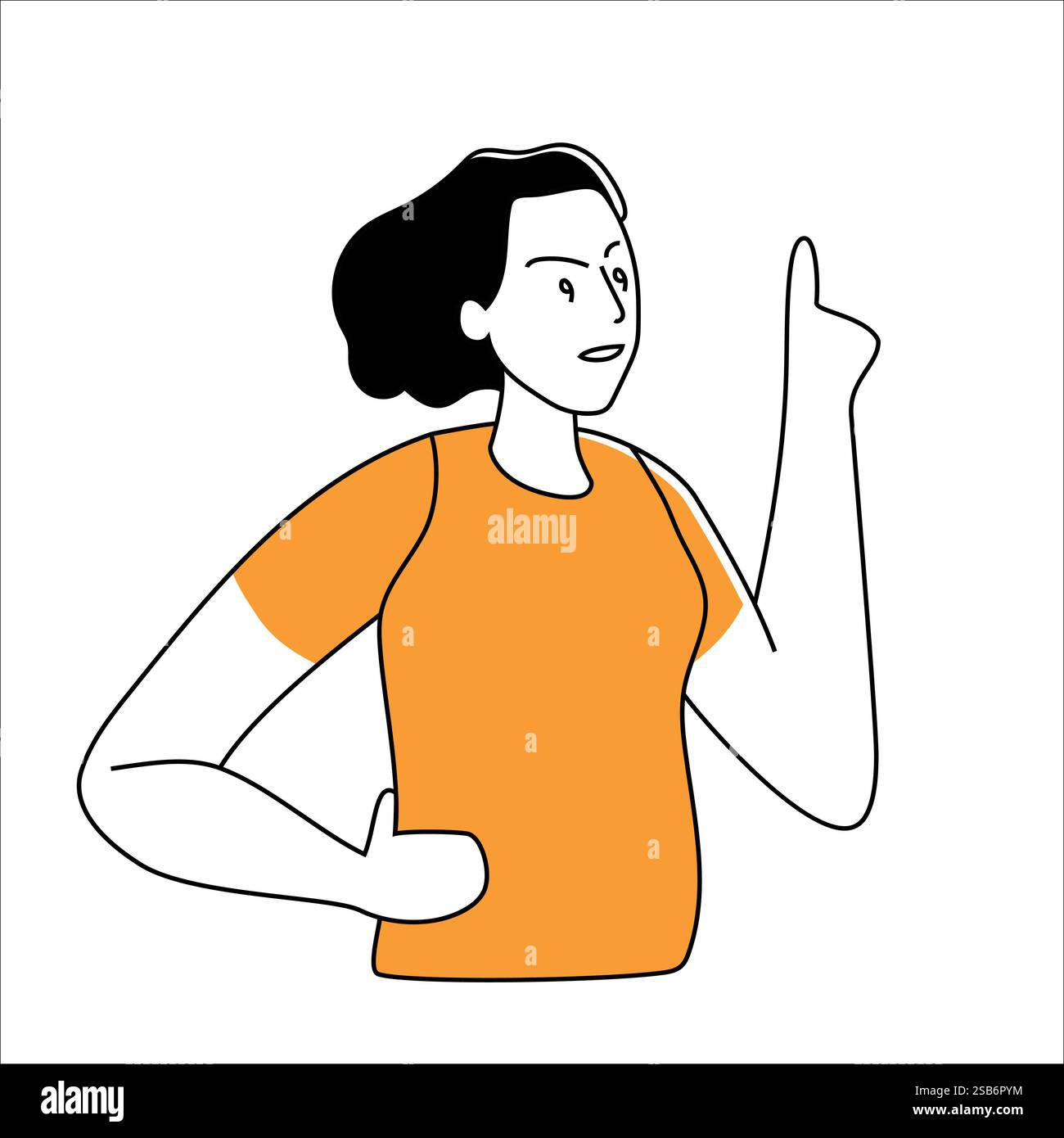 A woman wearing an orange shirt is shown in the image with her hand ...