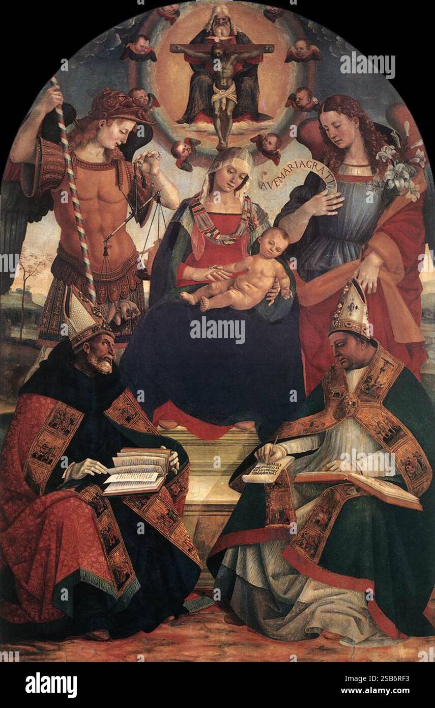 Madonna and Child with the Holy Trinity and Two Saints is a painting by ...