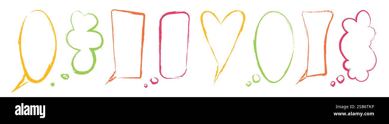 Crayon style speech bubble collection with multicolor outlines. Hand drawn cartoon dialog shapes. Chat communication elements with round, rectangular, Stock Vector