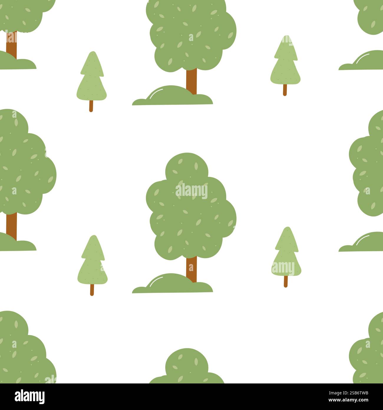 This design showcases a repeating pattern of various trees on a white ...