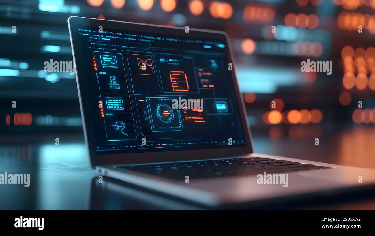 Holographic IoT icons and connectivity dashboard floating above a ...