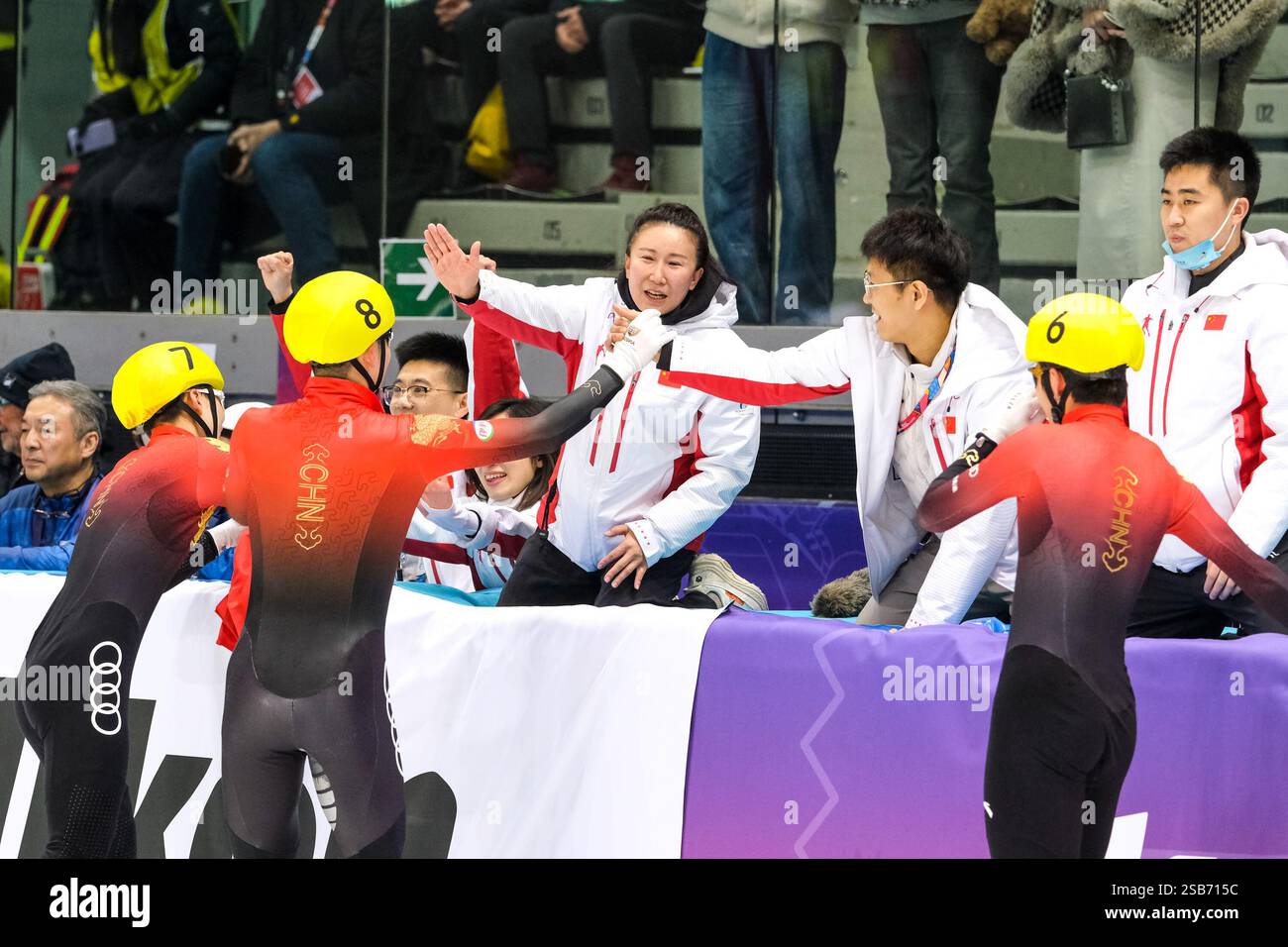 (L to R) Guixu Song, Tianyi Zhang and Guanyi Liu (CHN) celebrate with ...