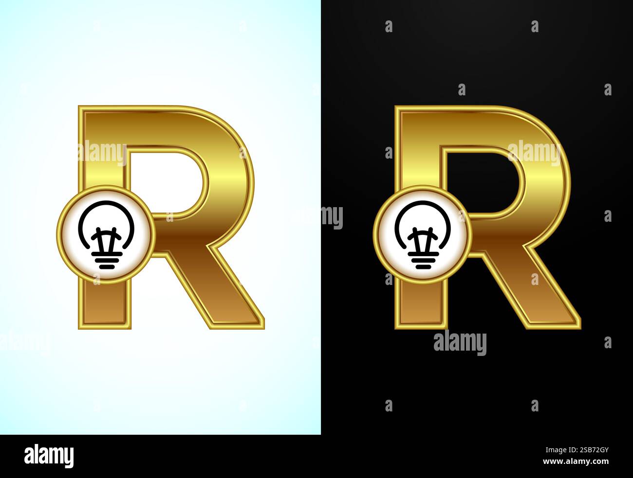 English letter R with electric bulb in gold color, Creative idea logo ...