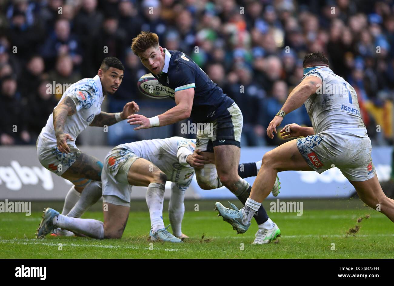 Edinburgh, Scotland, 1st February 2025. Huw Jones of Scotland scores