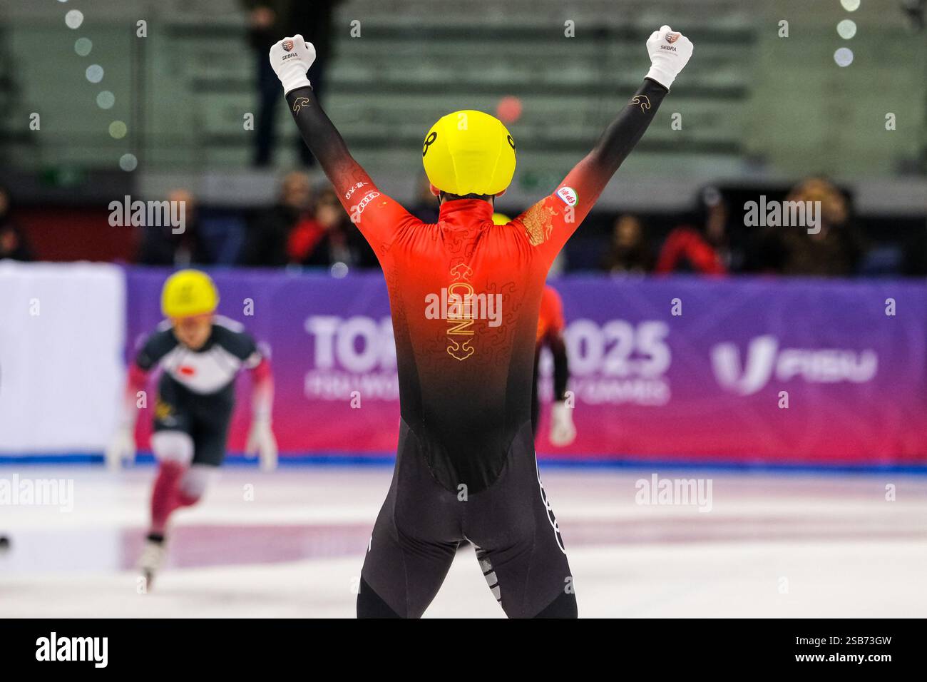 Tianyi Zhang (CHN) celebrates victory during the Short Track Speed ...