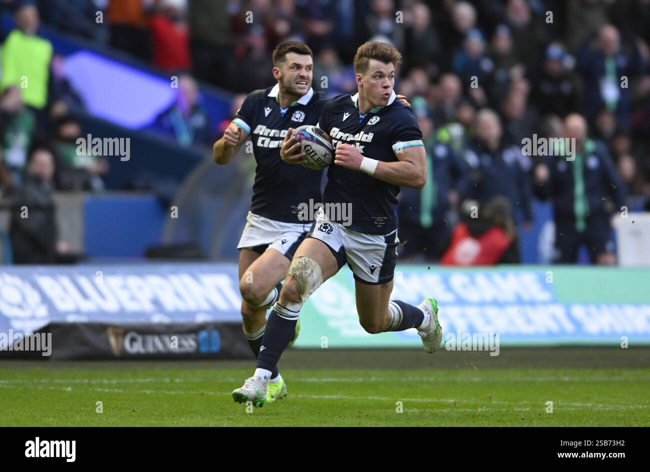 Edinburgh, Scotland, 1st February 2025. Huw Jones of Scotland scores