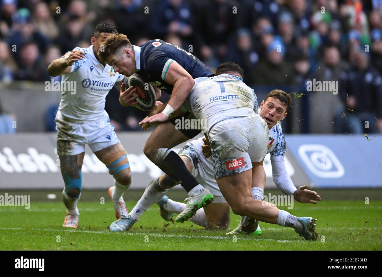 Edinburgh, Scotland, 1st February 2025. Huw Jones of Scotland scores
