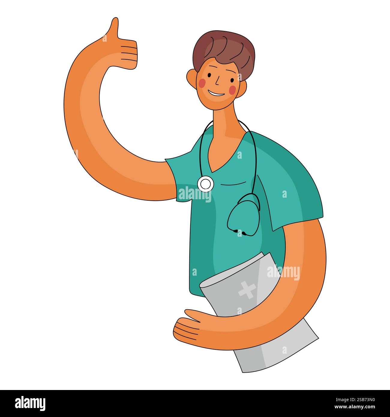 A cheerful doctor, wearing scrubs and a stethoscope, offers a thumbs up while holding a medical chart, showcasing a supportive atmosphere in a healthc Stock Vector