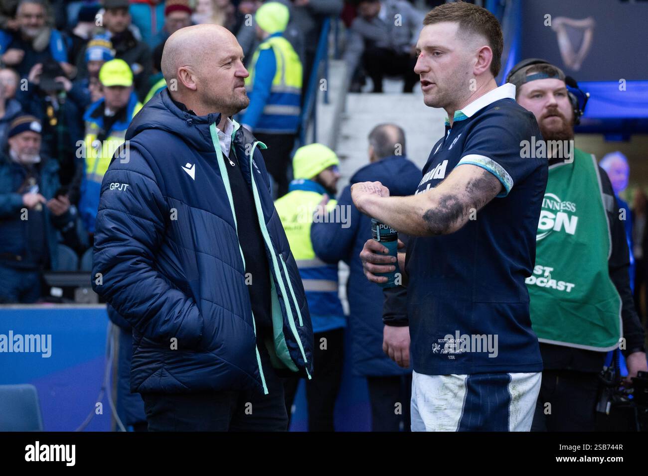 Gregor Townsend and Finn Russell talk after Scotland's win over Italy