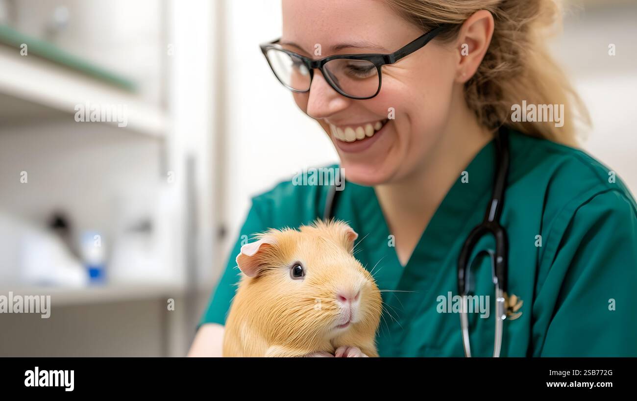 A guinea pig vet examining a guinea pig in a clinic, with a friendly and experienced staff