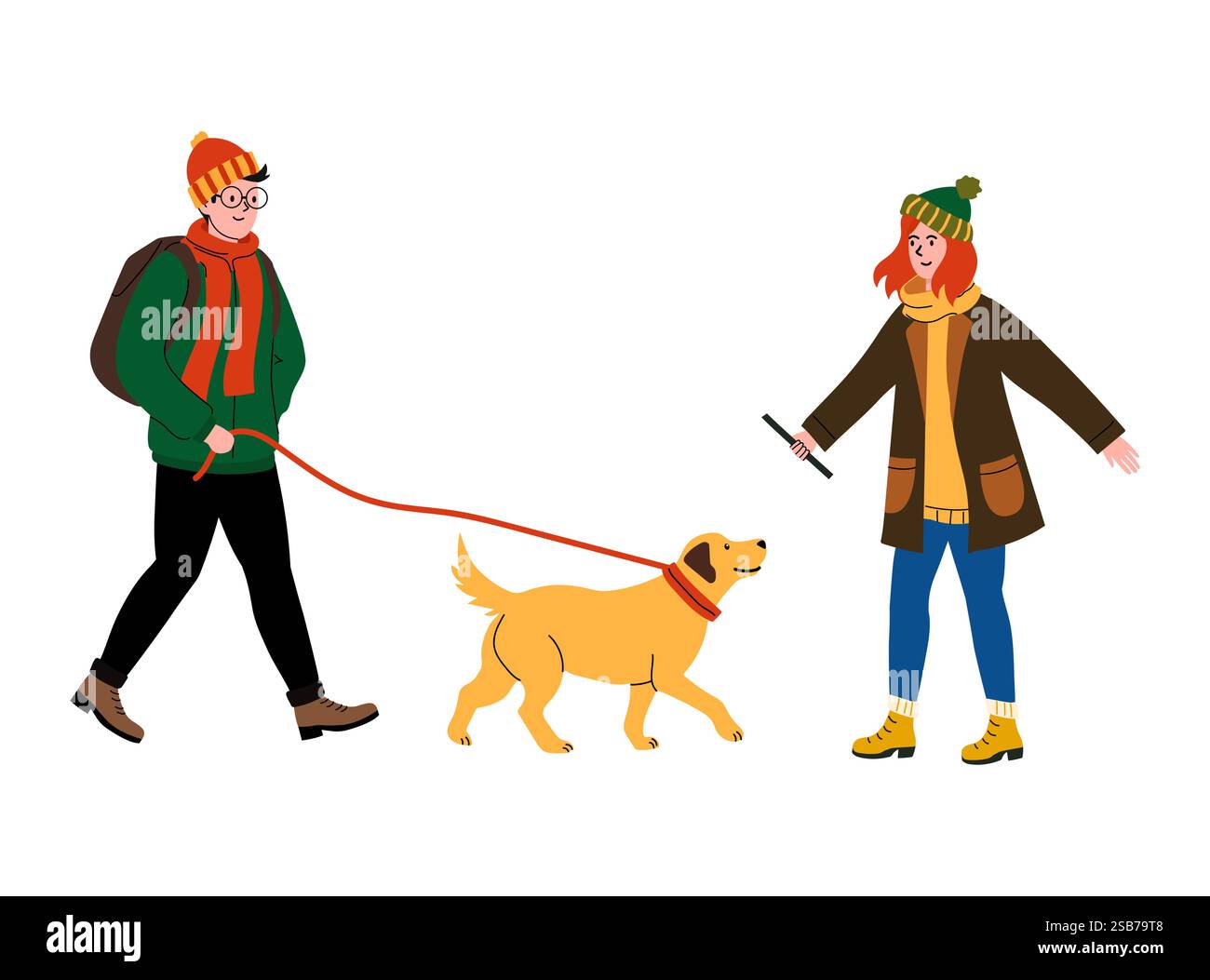 Two friends enjoy a pleasant walk in the park with a golden retriever ...