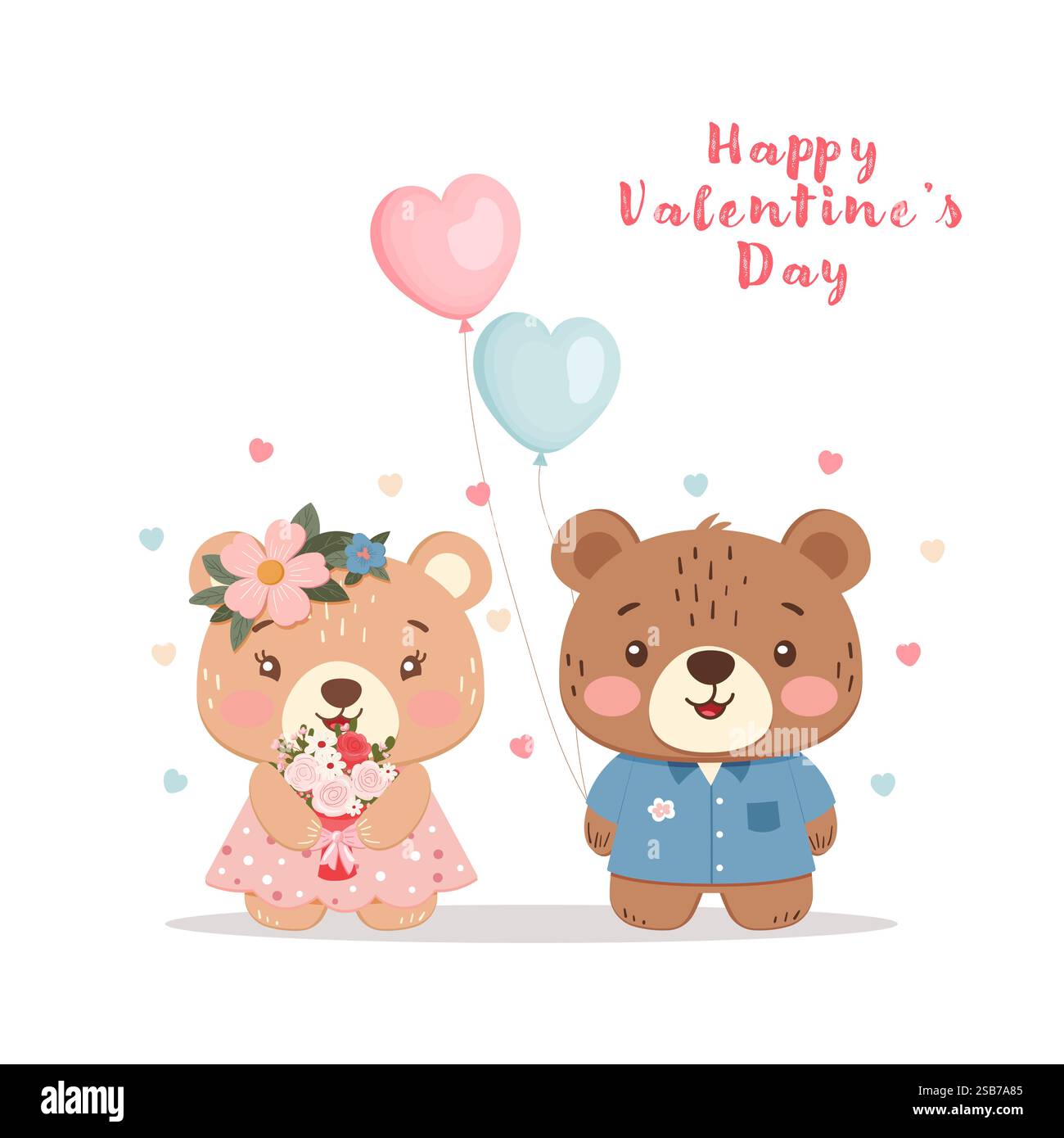Cute teddy bears with flowers and heart balloons illustration, isolated ...
