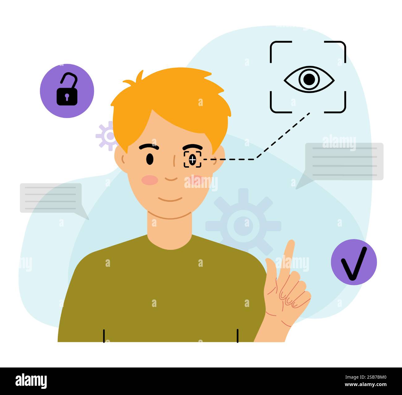 A man is looking directly at an eye scan icon, which is connected to a ...