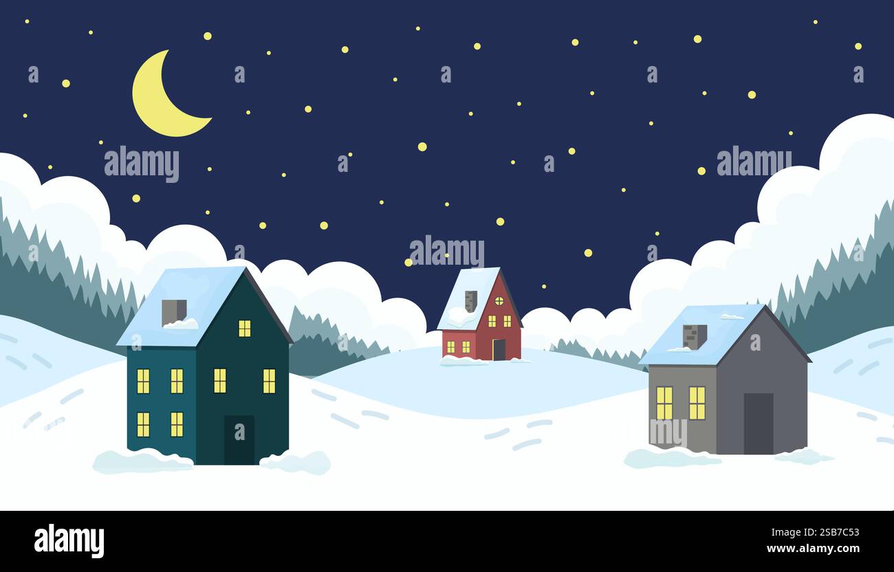 Winter night in a peaceful village with houses under a starlit sky Stock Vector