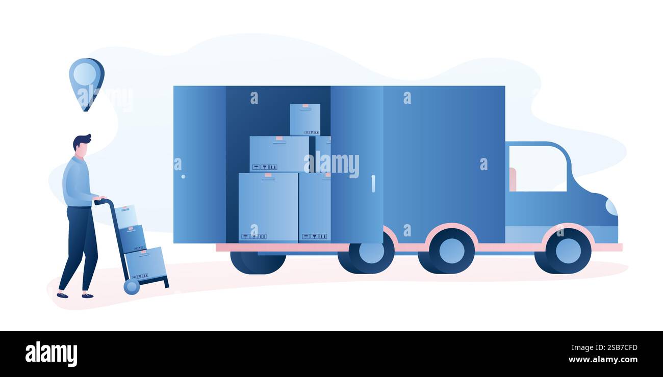 Fast delivery of goods to the buyer. Worker loads boxes in a truck. Handsome man pushes a cart with parcels. Transport and people in trendy style isol Stock Vector