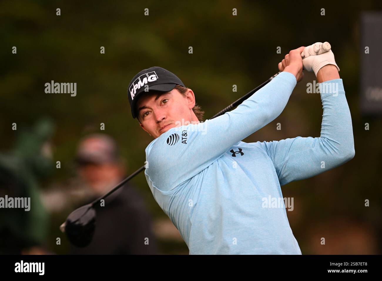 Maverick McNealy hits his tee shot on the second hole at Pebble Beach